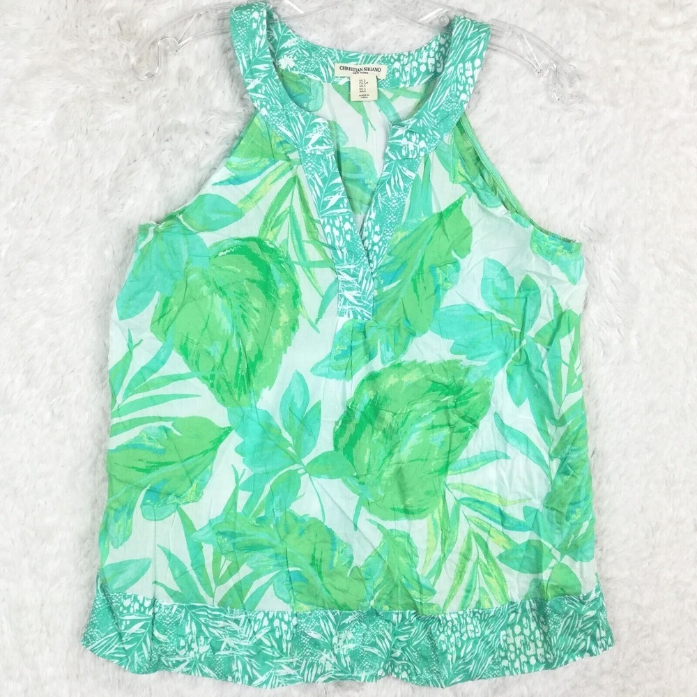 Christian Siriano Womens Blouse Tank Green Teal Floral Leaf Sleeveless S New